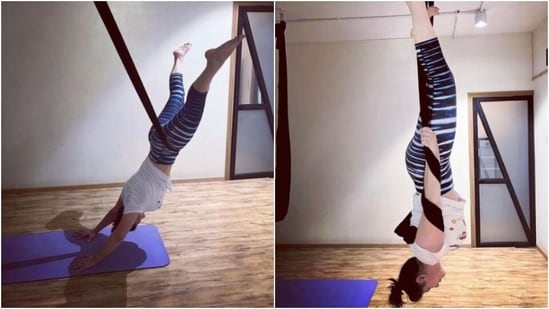 Zareen Khan’s yoga inversions have an aerial twist(Instagram/@zareenkhan)