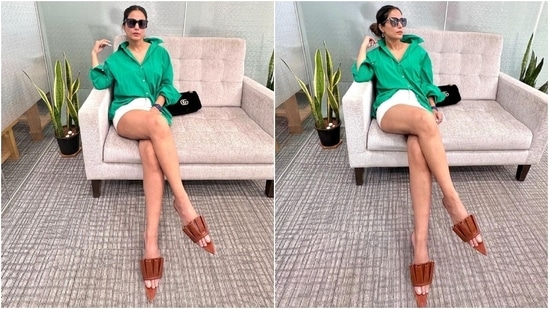 Earlier, Hina had posted another stylish look of herself in an oversized green shirt and white denim shorts. She styled the attire with a black bag, quirky tan sandals, a centre-parted sleek hairdo, broad-tinted sunglasses, and minimal makeup. What do you think of both outfits?(Instagram)