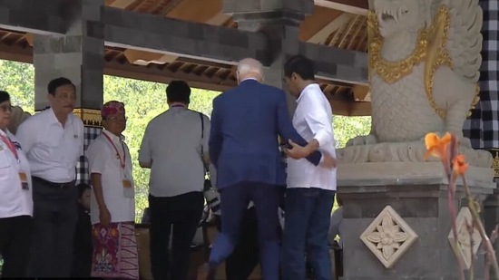 G20 Summit: United States president Joe Biden helped by Indonesian leader Joko Widodo as he stumbled at a small staircase.(ANI)