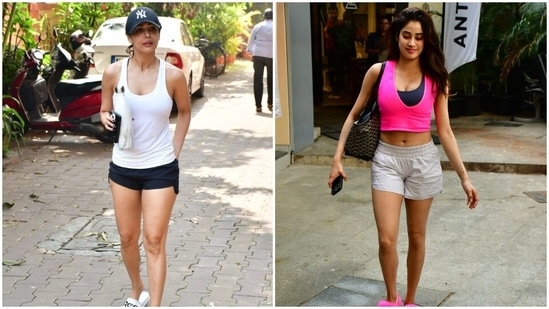 Malaika Arora and Janhvi Kapoor keep their gym fashion trendy in stylish looks. (HT Photo/Varinder Chawla)