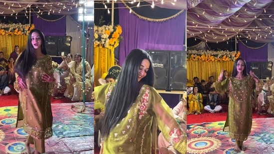 Pakistani woman, who goes by the name Mano, dancing to Lata Mangeshkar's Mera Dil Ye Pukare at a wedding.(Instagram/@oyee_ayesha)
