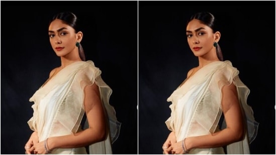 Mrunal played muse to fashion designer house Jade and picked the sheer silk saree from the shelves of the designer house.(Instagram/@mrunalthakur)