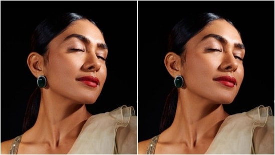 Mrunal further accessorised her look for the day with black ear studs, diamond bangles and diamond rings from the house of Karishma Joolry.(Instagram/@mrunalthakur)