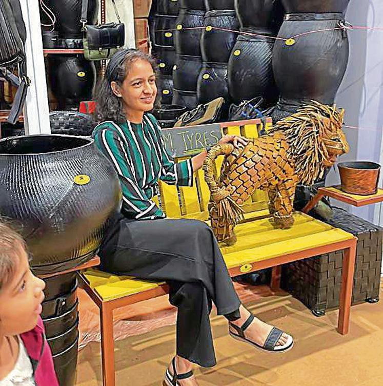 Benches, planters, chairs, and bags made from scrap tyres are on display. (Photo: Raajessh Kashyap/HT) Benches, planters, chairs, and bags made from scrap tyres are on display. (Photo: Raajessh Kashyap/HT)