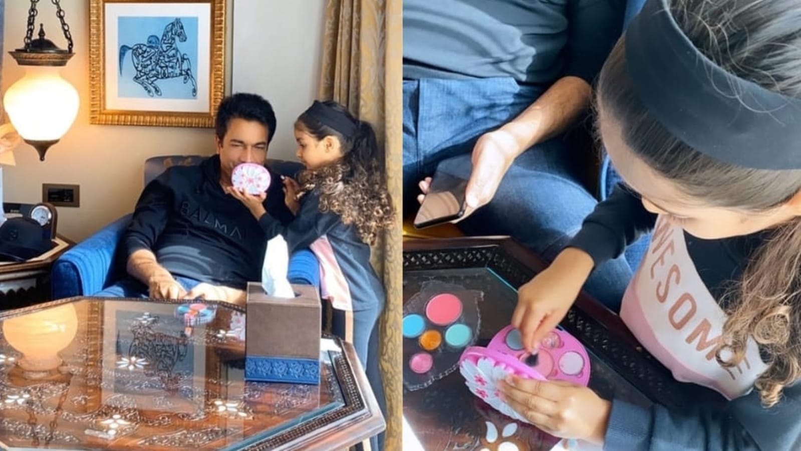 Asin shares pics of daughter Arin putting makeup on her ‘reluctant’ dad Rahul Sharma: ‘Pout please’