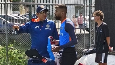 India's Hardik Pandya with acting head coach VVS Laxman during a practice session ahead of the T20I series against New Zealand (ANI)