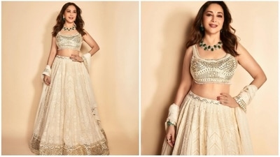 For a previous episode of the show Jhalak Dikhla Jaa, Madhuri Dixit wore a contemporary ivory lehenga set. (Instagram/@madhuridixitnene) For a previous episode of the show Jhalak Dikhla Jaa, Madhuri Dixit wore a contemporary ivory lehenga set. (Instagram/@madhuridixitnene)