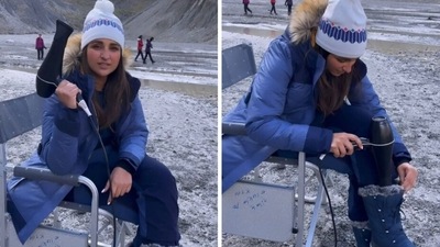 Parineeti Chopra with a hair dryer to keep herself warm on Uunchai location.