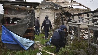 Russia-Ukraine War: Ukrainian sappers inspect a destroyed building during a demining operation of a residential area in Novoselivka. (AP)