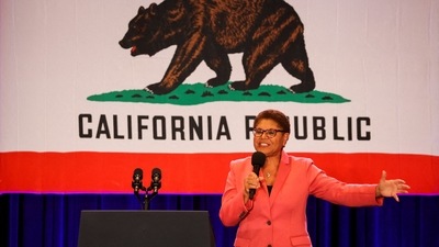 Los Angeles: Rep. Karen Bass (D-CA) speaks on stage. (Reuters)