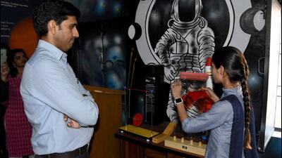 DC Nishant Kumar Yadav inspects the newly constructed astronomy laboratory at Government Senior Secondary School, Garhi Harsaru November 17. This lab has been started on a pilot basis under CSR. (Parveen Kumar/HT Photo)