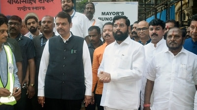 Maharashtra Chief Minister Eknath Shinde and deputy CM Devendra Fadnavis inspect the work progress of Dr Babasaheb Ambedkar Memorial, at Indu Mill Mumbai’s Dadar, in Mumbai on Wednesday. (ANI) Maharashtra Chief Minister Eknath Shinde and deputy CM Devendra Fadnavis inspect the work progress of Dr Babasaheb Ambedkar Memorial, at Indu Mill Mumbai’s Dadar, in Mumbai on Wednesday. (ANI)