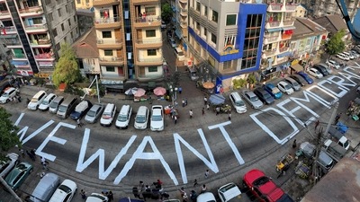 A slogan is written on a street as a protest after the coup in Yangon, Myanmar in 2021. (REUTERS file)