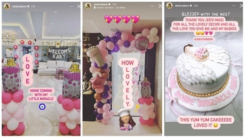 Debina Bonnerjee shares the pictures of balloons and cake to welcome her second daughter via Instagram Stories. Debina Bonnerjee shares the pictures of balloons and cake to welcome her second daughter via Instagram Stories.