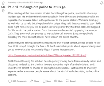The original Reddit post which accuses Bengaluru police of demanding a bribe of ₹1 lakh. (Reddit) The original Reddit post which accuses Bengaluru police of demanding a bribe of ₹1 lakh. (Reddit)