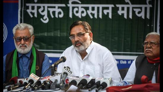 SKM leaders addressing the media in New Delhi on Thursday. Raj K Raj/ Hindustan Times. (Raj K Raj/ Hindustan Times)