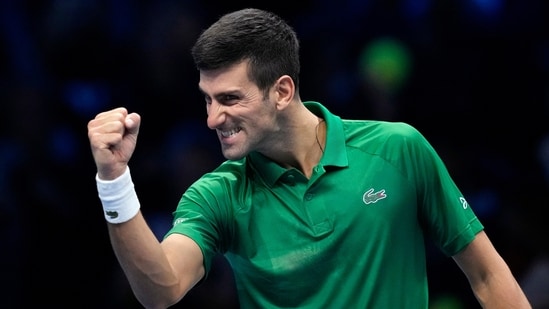 Serbia's Novak Djokovic celebrates after winning against Russia's Andrej Rublev during their singles tennis match of the ATP World Tour Finals, at the Pala Alpitour in Turin, Italy, Wednesday, Nov. 16, 2022.AP/PTI(AP11_16_2022_000272B)(AP)