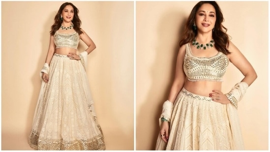 For a previous episode of the show Jhalak Dikhla Jaa, Madhuri Dixit wore a contemporary ivory lehenga set.(Instagram/@madhuridixitnene)