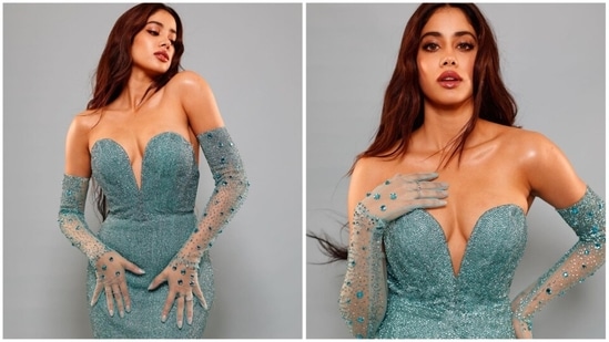 Janhvi Kapoor recently stole the limelight in an embellished blue gown and gloves as she attended a star-studden award show in Mumbai.(Instagram/@janhvikapoor)