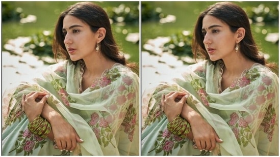 Sara’s pastel green salwar featured intricate floral patterns in shade of red. With a matching pair of sharara set and a pastel green dupatta lined in golden zari, Sara looked gorgeous as ever.(Instagram/@saraalikhan95)