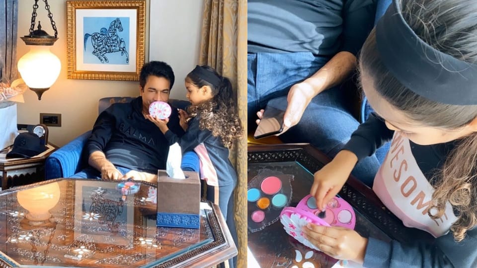 Asin's daughter Arin with her father Rahul Sharma during their makeup session. Asin's daughter Arin with her father Rahul Sharma during their makeup session.