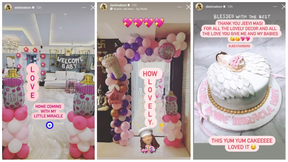 Debina Bonnerjee shares the pictures of balloons and cake to welcome her second daughter via Instagram Stories.