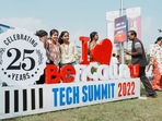 Bengaluru: Visitors pose for photographs during the inauguration of the Bengaluru Tech Summit 2022, at Palace Ground in Bengaluru. (PTI Photo/Shailendra Bhojak) Bengaluru: Visitors pose for photographs during the inauguration of the Bengaluru Tech Summit 2022, at Palace Ground in Bengaluru. (PTI Photo/Shailendra Bhojak)