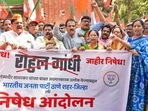 BJP workers raise slogans during a protest against Congress leader Rahul Gandhi over his controversial remarks about VD Savarkar, Friday.(PTI) BJP workers raise slogans during a protest against Congress leader Rahul Gandhi over his controversial remarks about VD Savarkar, Friday.(PTI)