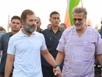 Congress leader Rahul Gandhi with Tushar Gandhi, great-grandson of Mahatma Gandhi, during the party's 'Bharat Jodo Yatra' on Friday, Nov. 18, 2022,(PTI) Congress leader Rahul Gandhi with Tushar Gandhi, great-grandson of Mahatma Gandhi, during the party's 'Bharat Jodo Yatra' on Friday, Nov. 18, 2022,(PTI)