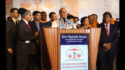 Defence minister Rajnath Singh addressing 23rd Conference of Chief Justices of the World in Lucknow on Friday. (HT photo) Defence minister Rajnath Singh addressing 23rd Conference of Chief Justices of the World in Lucknow on Friday. (HT photo)