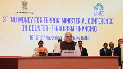 Union home minister Amit Shah chairing the first session on ‘Global Trends in Terrorist Financing and Terrorism’ on the occasion of 3rd 'No Money for Terror' Ministerial Conference, in New Delhi on Friday. (ANI/ PIB) Union home minister Amit Shah chairing the first session on ‘Global Trends in Terrorist Financing and Terrorism’ on the occasion of 3rd 'No Money for Terror' Ministerial Conference, in New Delhi on Friday. (ANI/ PIB)