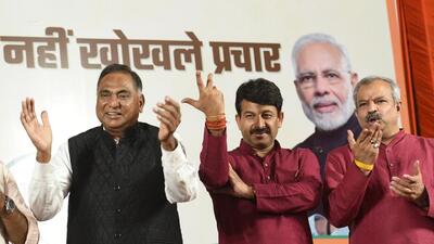 The BJP released its campaign song for the MCD elections on Tuesday. (Arvind Yadav/HT Photo) The BJP released its campaign song for the MCD elections on Tuesday. (Arvind Yadav/HT Photo)