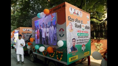 New Delhi, Nov 18 (ANI): Digital Vans parked at Delhi Pradesh Congress Committee office during its launch by DPCC president Anil Kumar Chaudhary along with senior leaders for the MCD election 2022 campaigning, in New Delhi on Friday. (ANI Photo) (Ayush Sharma) New Delhi, Nov 18 (ANI): Digital Vans parked at Delhi Pradesh Congress Committee office during its launch by DPCC president Anil Kumar Chaudhary along with senior leaders for the MCD election 2022 campaigning, in New Delhi on Friday. (ANI Photo) (Ayush Sharma)