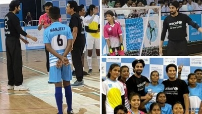 Ayushmann Khurrana and Sachin Tendulkar played football to celebrate World Children's Day. Ayushmann Khurrana and Sachin Tendulkar played football to celebrate World Children's Day.