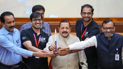 Union MoS for Science and Technology Jitendra Singh with ISRO Chairman S. Somanath, INSPACe Chairperson Pawan Goenka and Skyroot Aerospace co-founders Pawan Kumar Chandana and Naga Bharath Daka. (PTI) Union MoS for Science and Technology Jitendra Singh with ISRO Chairman S. Somanath, INSPACe Chairperson Pawan Goenka and Skyroot Aerospace co-founders Pawan Kumar Chandana and Naga Bharath Daka. (PTI)