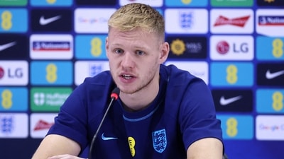 England's Aaron Ramsdale during a press conference. (REUTERS)