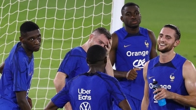 France's Randal Kolo Muani and Adrien Rabiot with teammates during training (REUTERS)