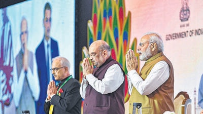 Prime Minister Narendra Modi with home Minister Amit Shah at the conference on counter-terrorism financing on Friday. (PTI) Prime Minister Narendra Modi with home Minister Amit Shah at the conference on counter-terrorism financing on Friday. (PTI)