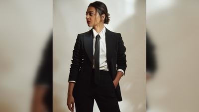 Radhika Apte teamed her pantsuit with a white shirt and a black tie. She picked her outfit from the shelves of Massimo Dutti. (Instagram/@radhikaofficial)