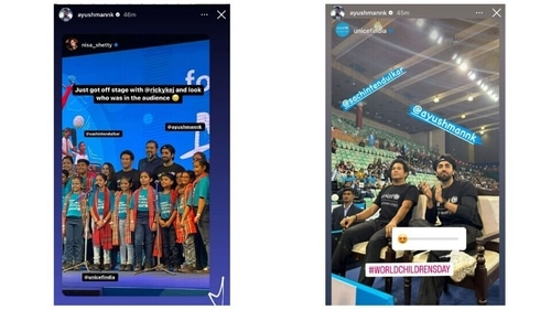 Ayushmann Khurrana shared pictures from World Children's Day celebrations with Sachin Tendulkar via Instagram Stories. Ayushmann Khurrana shared pictures from World Children's Day celebrations with Sachin Tendulkar via Instagram Stories.