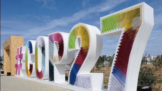 COP27 sign at the Green Zone at the UN climate summit in Red Sea resort of Sharm el-Sheikh, Egypt. (REUTERS)