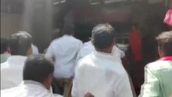 The security personnel at the MP’s residence resisted the TRS workers and informed the police. (ANI video | Screenshot)