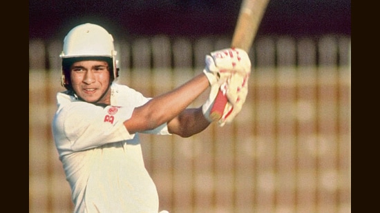 Tendulkar in action during a Test against Pakistan in Lahore in 1989. (Getty Images)