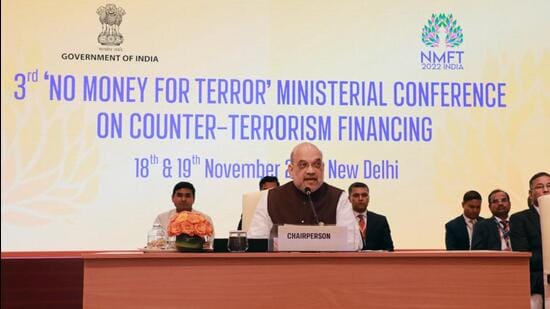 Union home minister Amit Shah chairing the first session on ‘Global Trends in Terrorist Financing and Terrorism’ on the occasion of 3rd 'No Money for Terror' Ministerial Conference, in New Delhi on Friday. (ANI/ PIB)
