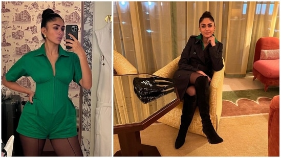 Mrunal Thakur kept her OOTD warm yet very stylish. She wore a black trench coat which she paired with a green bodysuit and knee-high boots.(Instagram/@mrunalthakur)