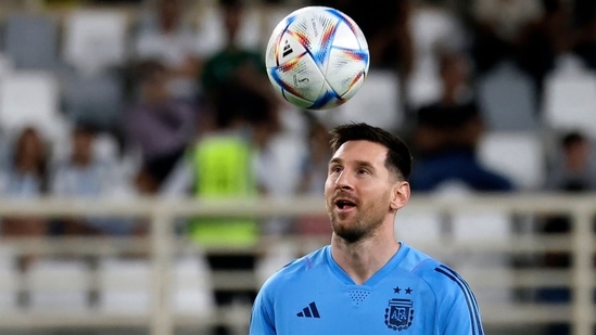Argentina's forward Lionel Messi controls a ball during a training camp(AFP)