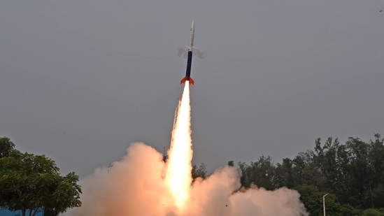 First privately developed Indian rocket Vikram-S being launched from the Satish Dhawan Space Centre in Sriharikota, an island off the coast of Andhra Pradesh.(AFP)