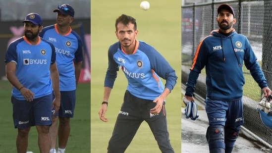 Rohit Sharma with Rahul Dravid; Yuzvendra Chahal; Dinesh Karthik