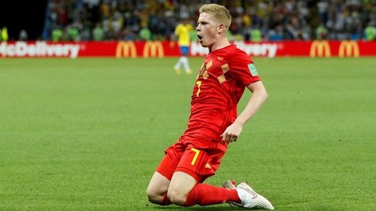 FILE PHOTO: Soccer Football - World Cup - Quarter Final - Brazil vs Belgium - Kazan Arena, Kazan, Russia - July 6, 2018 Belgium's Kevin De Bruyne celebrates scoring their second goal REUTERS/John Sibley/File Photo(REUTERS)