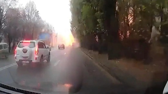Russia-Ukraine War: A ball of flames can be seen rising from a street. Russia-Ukraine War: A ball of flames can be seen rising from a street.